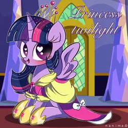 Size: 768x768 | Tagged: safe, artist:nanima, derpibooru import, twilight sparkle, twilight sparkle (alicorn), alicorn, pony, clothes, coronation dress, crown, cute, dress, female, heart eyes, jewelry, looking at you, mare, regalia, solo, twiabetes, wingding eyes