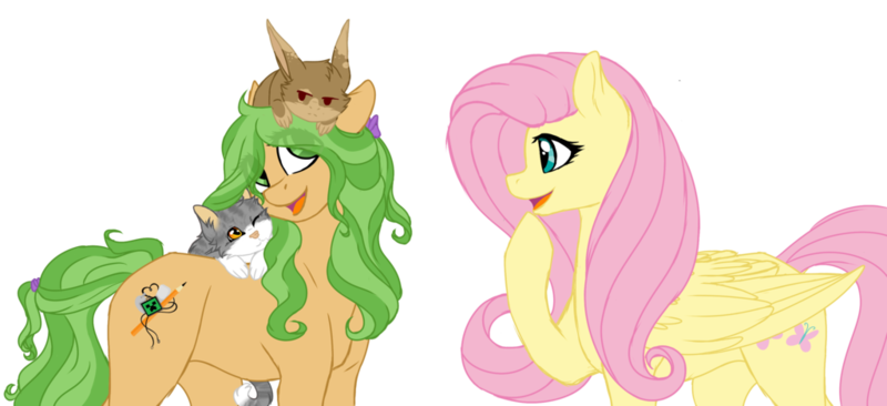 Size: 1024x468 | Tagged: safe, artist:kimyowolf, derpibooru import, fluttershy, oc, oc:curiosa dream, cat, pony, simple background, transparent background