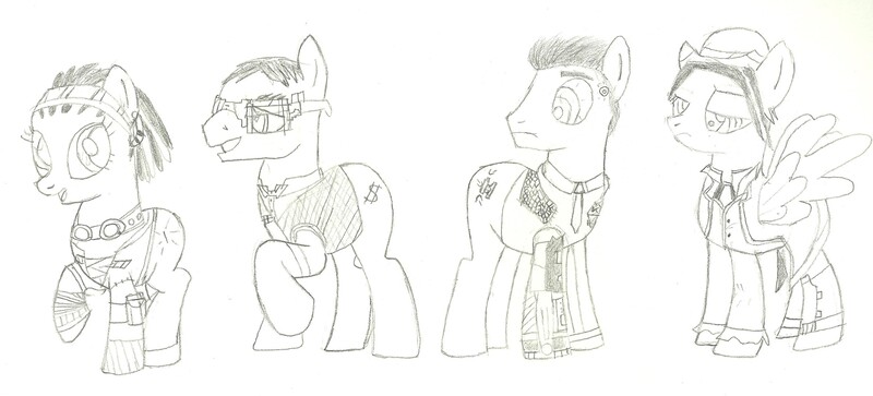 Size: 2952x1341 | Tagged: safe, artist:general5, derpibooru import, ponified, cyborg, earth pony, pegasus, pony, borderlands, crossover, female, fiona, glasses, hat, male, mare, rhys, sasha, sketch, stallion, tales from the borderlands, traditional art, vaughn