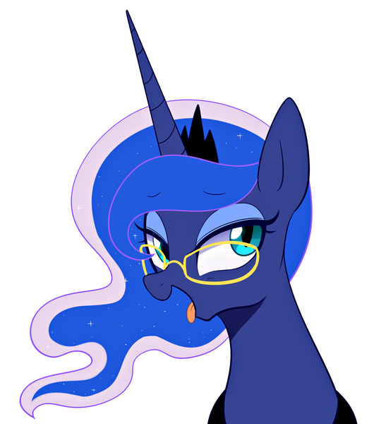 Size: 2777x3145 | Tagged: safe, artist:maren, derpibooru import, princess luna, alicorn, pony, glasses, looking at you, open mouth, simple background, solo, tongue out, white background