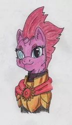 Size: 524x903 | Tagged: safe, artist:kuroneko, derpibooru import, fizzlepop berrytwist, tempest shadow, pony, unicorn, my little pony: the movie, armor, blind eye, broken horn, cape, clothes, colored pencil drawing, eye scar, eyebrows, female, looking at you, mare, royal guard armor, scar, simple background, solo, tempest becomes a royal guard, traditional art, white background, wrong eye color