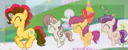 Size: 2589x1017 | Tagged: safe, artist:spectrumnightyt, derpibooru import, oc, oc:easy dance, oc:explosion loo, oc:gentle mash, oc:party pie, unofficial characters only, earth pony, pegasus, pony, unicorn, female, filly, offspring, parent:apple bloom, parent:button mash, parent:cheese sandwich, parent:pinkie pie, parent:rumble, parent:scootaloo, parent:sweetie belle, parent:tender taps, parents:cheesepie, parents:rumbloo, parents:sweetiemash, parents:tenderbloom, pronking