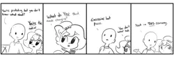 Size: 2160x720 | Tagged: safe, artist:tjpones, derpibooru import, oc, oc:brownie bun, oc:richard, unofficial characters only, earth pony, human, pony, horse wife, 4koma, bait and switch, black and white, bust, comic, dialogue, duo, ear fluff, female, grayscale, hoof hold, human male, male, mare, monochrome, notepad, pencil, protest, sign, simple background, white background