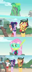 Size: 1360x2996 | Tagged: safe, derpibooru import, fluttershy, sci-twi, sunset shimmer, timber spruce, twilight sparkle, equestria girls, equestria girls series, forgotten friendship, unsolved selfie mysteries, angry, beach, belly button, bikini, clothes, cute, disappointed, geode of empathy, geode of telekinesis, lifeguard timber, magical geodes, midriff, seaweed, shyabetes, swimsuit, unamused