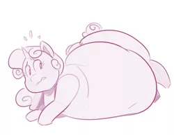 Size: 1337x1041 | Tagged: suggestive, artist:secretgoombaman12345, derpibooru import, sweetie belle, pony, belly, belly button, fat, female, large butt, monochrome, morbidly obese, obese, simple background, solo, solo female, sweat, sweatdrop, sweetie belly