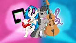 Size: 1920x1080 | Tagged: safe, artist:lyraartstrings, artist:tootootaloo, artist:tygerbug, derpibooru import, edit, octavia melody, vinyl scratch, pony, bipedal, bow (instrument), cello, cello bow, guitar, musical instrument, wallpaper, wallpaper edit