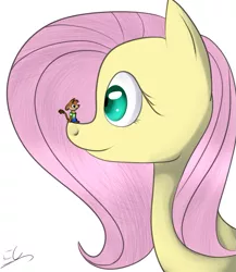 Size: 911x1050 | Tagged: safe, artist:serri765, derpibooru import, fluttershy, oc, oc:tibtep, pegasus, pony, bust, cute, female, looking at each other, macro, mare, micro, non-pony oc, portrait, simple background, sitting, sitting on nose, white background