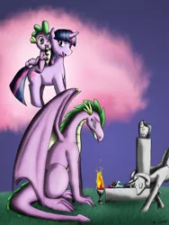 Size: 700x933 | Tagged: safe, artist:evil-rick, derpibooru import, spike, twilight sparkle, dragon, pony, unicorn, fanfic, adult, adult spike, dragons riding ponies, fanfic art, female, grave, immortality blues, male, mare, older, older spike, riding, unicorn twilight, winged spike