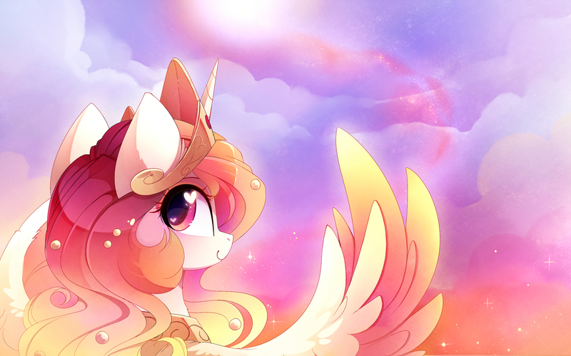 Size: 2788x1744 | Tagged: safe, artist:magnaluna, derpibooru import, princess celestia, alicorn, pony, bust, colored wings, cute, cutelestia, female, heart eyes, jewelry, looking at you, looking back, portrait, profile, regalia, sky, smiling, solo, spread wings, sweet dreams fuel, wingding eyes, wings