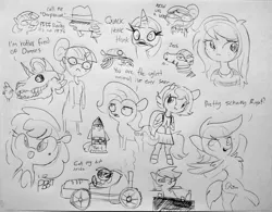 Size: 1812x1412 | Tagged: safe, artist:tjpones, derpibooru import, carrot top, fluttershy, golden harvest, rainbow dash, rarity, sci-twi, spike, twilight sparkle, twilight sparkle (alicorn), wallflower blush, zecora, oc, alicorn, anthro, dragon, duck, duck pony, earth pony, pegasus, pony, skeleton pony, unguligrade anthro, unicorn, zebra, equestria girls, anthro with ponies, backpack, black and white, bone, bust, chest fluff, clothes, dialogue, female, glasses, grayscale, hat, lineart, mare, monochrome, nerd, open mouth, raised hoof, rocket, simple background, sitting, skeleton, sketch, sketch dump, skull, standing, standing on one leg, sunglasses, teary eyes, tongue out, traditional art, trenchcoat