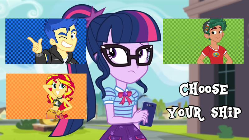 Size: 1024x575 | Tagged: safe, artist:jamesawilliams1996, derpibooru import, edit, edited screencap, screencap, flash sentry, sci-twi, sunset shimmer, timber spruce, twilight sparkle, equestria girls, equestria girls series, text support, choose your ship, geode of telekinesis, implied flashlight, implied lesbian, implied sciflash, implied scitwishimmer, implied shipping, implied straight, implied sunsetsparkle, implied timbertwi, magical geodes