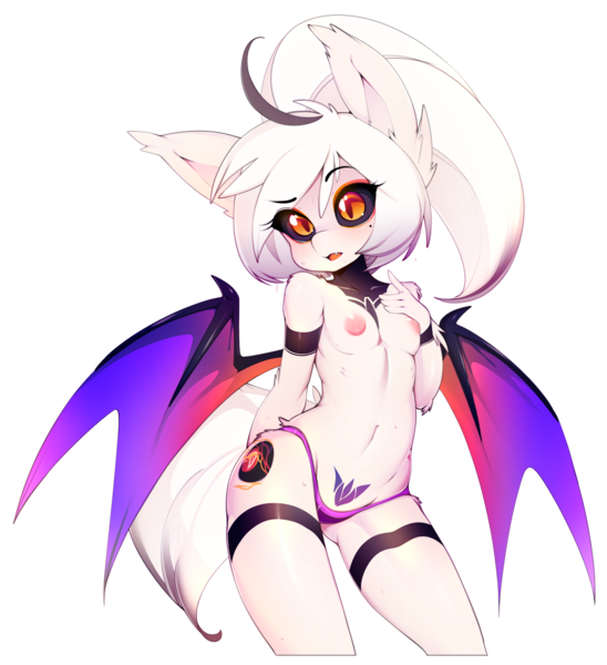 Size: 2355x2579 | Tagged: questionable, artist:slugbox, derpibooru import, oc, oc:fever dream, unofficial characters only, anthro, bat pony, anthro oc, bat pony oc, belly button, breasts, clothes, cute, cute little fangs, delicious flat chest, ear fluff, elbow fluff, fangs, female, hip fluff, looking at you, mare, nipples, nudity, open mouth, panties, partial nudity, reasonably sized breasts, shoulder fluff, simple background, slit pupils, small breasts, solo, solo female, sweat, thong, topless, transparent background, underwear