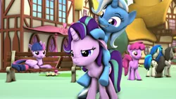 Size: 3840x2160 | Tagged: safe, artist:flushthebatsanta, derpibooru import, berry punch, berryshine, octavia melody, starlight glimmer, trixie, twilight sparkle, twilight sparkle (alicorn), vinyl scratch, alicorn, earth pony, pony, unicorn, 3d, cute, female, floppy ears, frown, glare, grin, mare, ponies riding ponies, raised eyebrow, smiling, source filmmaker, squee, unamused