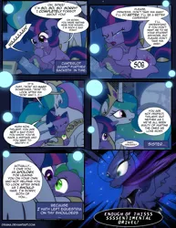 Size: 1275x1650 | Tagged: safe, artist:dsana, derpibooru import, princess celestia, princess luna, spike, twilight sparkle, alicorn, dragon, pony, unicorn, comic:the shadow shard, blushing, book, comic, crying, dream, dream walker luna, female, filly, filly twilight sparkle, hug, mare in the moon, moon, speech bubble, winghug, younger