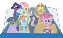 Size: 2000x1221 | Tagged: applejack, artist:zefrenchm, car, carsick, derpibooru import, driving, fluttershy, gritted teeth, mane six, nose in the air, pinkie pie, rainbow dash, rarity, safe, scared, screaming, sick, simple background, smiling, transparent background, twilight sparkle