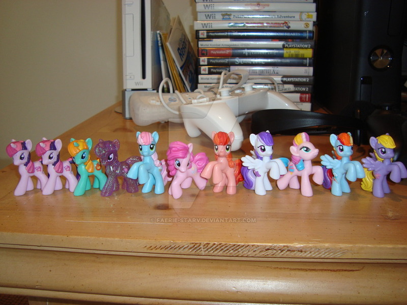 Size: 900x675 | Tagged: artist:faerie-starv, blind bag, derpibooru import, firecracker burst, irl, lily blossom, lucky swirl, pepperdance, photo, pinkie pie, playstation 2, rainbow dash, safe, sugar grape, sweetie blue, sweetie swirl, toy, twilight sparkle, wii