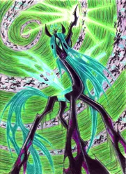 Size: 1269x1752 | Tagged: artist:blackhellcat, changeling, changeling swarm, colored pencil drawing, derpibooru import, pencil drawing, queen chrysalis, safe, solo focus, traditional art