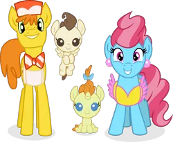 Size: 5212x4275 | Tagged: safe, artist:punzil504, derpibooru import, carrot cake, cup cake, pound cake, pumpkin cake, earth pony, pegasus, pony, unicorn, absurd resolution, apron, baby, baby pony, bow, bowtie, clothes, colt, family, female, filly, foal, hair bow, looking at you, male, simple background, transparent background, vector