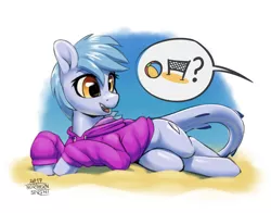 Size: 1629x1280 | Tagged: artist:northernsprint, beach, beach ball, clothes, cute, derpibooru import, female, fins, hoodie, lying down, mare, net, oc, oc:hatii, open mouth, original species, pictogram, question mark, safe, shark, shark pony, sharp teeth, side, solo, speech bubble, teeth, unofficial characters only, volleyball net