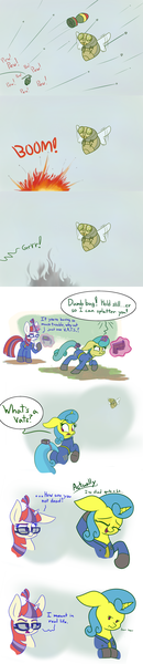 Size: 1200x5552 | Tagged: safe, artist:heir-of-rick, derpibooru import, lemon hearts, moondancer, insect, pony, unicorn, bloatfly, bomb, boom, bust, clothes, comic, dialogue, duo, explosion, eyes closed, fallout, fallout 4, female, glasses, glowing horn, grenade, growling, gun, jumpsuit, magic, mare, onomatopoeia, pew pew, plot, pouting, raised hoof, scrunchy face, single panel, speech bubble, telekinesis, v.a.t.s., vault suit, weapon