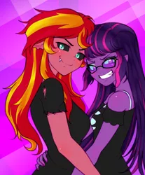 Size: 1496x1811 | Tagged: safe, artist:rileyav, derpibooru import, sci-twi, sunset shimmer, twilight sparkle, demon, comic:ask casual midnight and demon shimmer, equestria girls, casual, clothes, evil grin, fangs, female, floppy ears, glasses, grin, lesbian, midnight sparkle, midnightsatan, scitwishimmer, shipping, shirt, smiling, smirk, sunset satan, sunsetsparkle