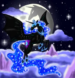 Size: 1230x1271 | Tagged: safe, artist:cryophase, derpibooru import, nightmare moon, alicorn, pony, bat wings, cloud, cutie mark, ethereal mane, female, flying, helmet, hybrid wings, jewelry, mare, mare in the moon, moon, mountain, night, regalia, solo, starry mane, stars