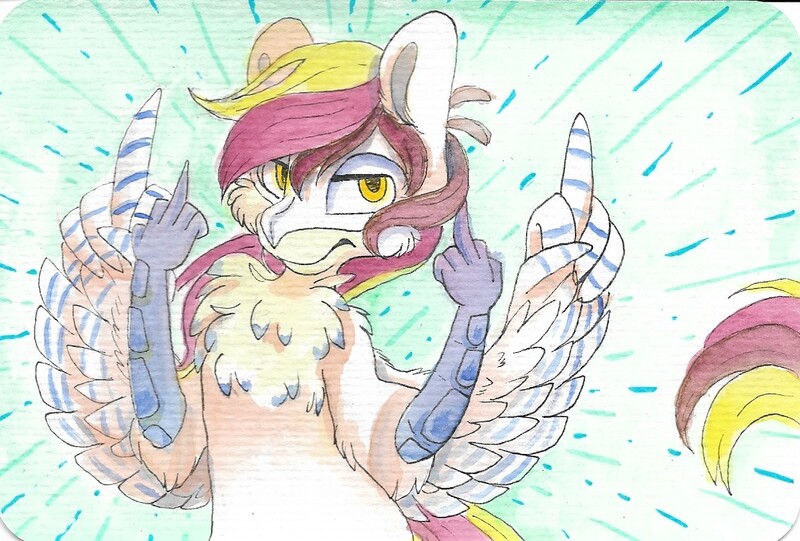 Size: 1194x808 | Tagged: artist:cutepencilcase, cheek fluff, chest fluff, derpibooru import, double deuce, feather fingers, hippogriff, looking at you, male, mask, middle feather, middle finger, oc, oc:silent flight, postcard, safe, solo, spread wings, talons, traditional art, unofficial characters only, vulgar, wing hands, wings