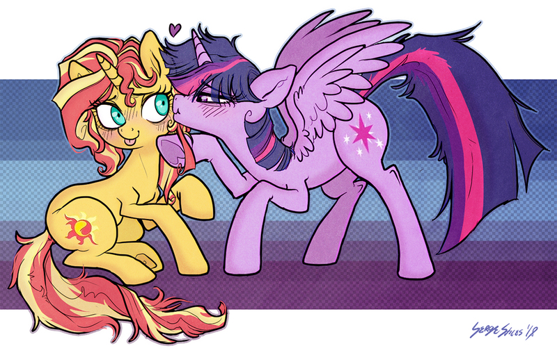 Size: 1200x766 | Tagged: safe, artist:serge-stiles, derpibooru import, sunset shimmer, twilight sparkle, twilight sparkle (alicorn), alicorn, unicorn, blushing, female, heart, kiss on the cheek, kissing, lesbian, mare, shipping, signature, sunsetsparkle, tongue out