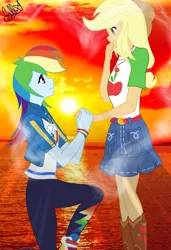 Size: 1088x1595 | Tagged: safe, artist:xfaithyhedgefoxx, derpibooru import, applejack, rainbow dash, human, equestria girls, equestria girls series, appledash, clothes, female, geode of super speed, geode of super strength, lesbian, magical geodes, shipping, skirt