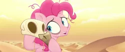 Size: 1920x804 | Tagged: safe, derpibooru import, screencap, pinkie pie, earth pony, pony, my little pony: the movie, bags under eyes, bone, bone dry desert, dead, desert, desert sun madness, exhausted, female, mare, messy mane, sand, skeleton, skull, sweat, tired