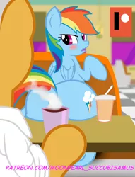 Size: 1900x2492 | Tagged: suggestive, artist:succubi samus, derpibooru import, buried lede, rainbow dash, pegasus, pony, the saddle row review, blushing, censored, coffee, cup, cute, cutie mark, drink, eyes on the prize, food, looking back, nudity, patreon, patreon logo, plot, rainbutt dash, restaurant, show accurate, sitting, steam, strategically covered, table, the ass was fat