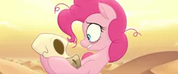 Size: 1920x804 | Tagged: safe, derpibooru import, screencap, pinkie pie, earth pony, pony, my little pony: the movie, bags under eyes, bone, bone dry desert, dead, desert, desert sun madness, female, insanity, mare, messy mane, skeleton, skull, tired