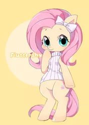 Size: 1240x1748 | Tagged: artist:seiyawong, bipedal, bottomless, clothes, cute, derpibooru import, female, fluttershy, partial nudity, safe, semi-anthro, shyabetes, simple background, solo, sweater, sweatershy, yellow background