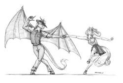 Size: 1610x1083 | Tagged: safe, artist:baron engel, derpibooru import, sweetie belle, oc, oc:amber, anthro, dracony, hybrid, anthro oc, armpits, canon x oc, clothes, cute, dancing, fedora, grayscale, hat, monochrome, pencil drawing, shoes, simple background, skirt, traditional art, vest, white background