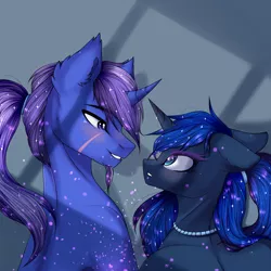 Size: 3000x3000 | Tagged: safe, artist:silvia-zero, derpibooru import, princess luna, oc, oc:azure night, unicorn, azuna, bedroom eyes, canon x oc, ear fluff, female, jewelry, male, necklace, scar, shipping, stallion, straight, ych result