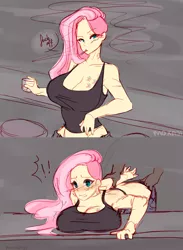 Size: 1348x1837 | Tagged: artist:moxaji, bent over, big breasts, blushing, boobie mark, breasts, busty fluttershy, cleavage, clothes, derpibooru import, dialogue, disproportionate retribution, exclamation point, female, flutterbitch, fluttershy, human, humanized, imminent rape, instant loss 2koma, karma, male, offscreen character, prison guard position, smoking, solo focus, straight, suggestive, vulgar