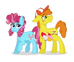 Size: 800x676 | Tagged: safe, artist:pink-pone, derpibooru import, carrot cake, cup cake, pony, blushing, bouquet, cap, carrot cup, chiffon swirl, female, hat, male, shipping, simple background, straight, transparent background, watermark, younger