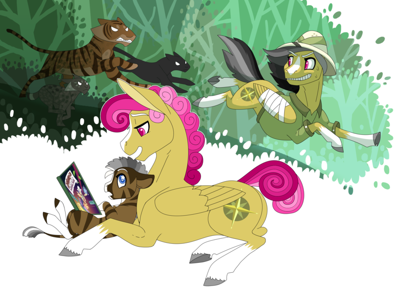 Size: 3508x2600 | Tagged: safe, artist:jackiebloom, derpibooru import, a.k. yearling, daring do, oc, oc:kinyume, unnamed oc, big cat, cat, hybrid, lynx, panther, pegasus, pony, tiger, zebroid, zony, ahuizotl's cats, alternate design, alternate hairstyle, animal, bandage, bandaged wing, blaze (coat marking), book, coat markings, female, high res, magical lesbian spawn, mare, offspring, parent:daring do, parent:zecora, parents:daringcora, realistic horse legs, running, simple background, socks (coat marking), starry eyes, transparent background, wingding eyes