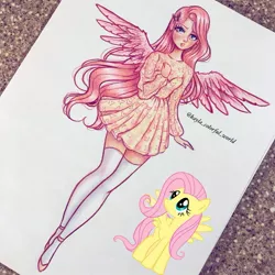 Size: 1221x1221 | Tagged: safe, artist:kirrakashawn, derpibooru import, fluttershy, human, pony, clothes, dress, humanized, solo, stockings, thigh highs, traditional art, winged humanization, wings