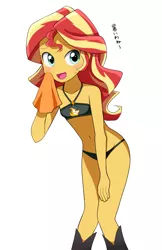 Size: 1100x1700 | Tagged: suggestive, artist:ryuu, derpibooru import, edit, sunset shimmer, equestria girls, equestria girls series, belly button, bikini, blushing, boots, breasts, clothes, delicious flat chest, handkerchief, japanese, midriff, sexy, shoes, solo, sunflat shimmer, sweat, swimsuit, swimsuit edit