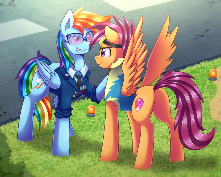 Size: 1500x1201 | Tagged: safe, artist:vavacung, derpibooru import, rainbow dash, scootaloo, pegasus, pony, wonderbolts academy, clothes, cutie mark, female, older, older scootaloo, plot, scootalove, the cmc's cutie marks, uniform, wonderbolt trainee uniform, wonderbolts, wonderbolts dress uniform, wonderbolts uniform