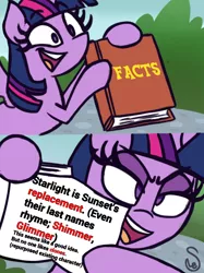 Size: 1660x2217 | Tagged: safe, artist:quarium edits, derpibooru import, edit, sunset shimmer, twilight sparkle, alicorn, background pony strikes again, downvote bait, drama, ed edd n eddy, exploitable meme, meme, starlight drama, twilight's fact book, twilight sparkle (alicorn)