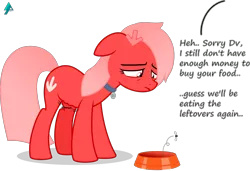 Size: 2469x1687 | Tagged: safe, artist:arifproject, derpibooru import, oc, oc:downvote, ponified, unofficial characters only, pony, derpibooru, collar, derpibooru ponified, food bowl, hungry, meta, pet tag, pony pet, sad, simple background, solo, stomach growl, text, transparent background, vector