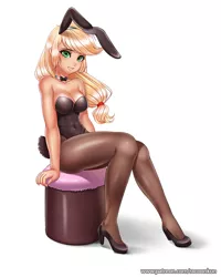 Size: 800x1002 | Tagged: abs, adorasexy, applejack, artist:racoonsan, blonde, blonde hair, bowtie, breasts, bunny ears, bunny suit, busty applejack, clothes, cute, derpibooru import, eyebrows, eyelashes, female, freckles, full body, green eyes, hair, high heels, human, humanized, jackabetes, leotard, looking at you, pantyhose, playboy bunny, sexy, shoes, simple background, sitting, smiling, solo, solo female, stupid sexy applejack, suggestive, white background