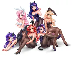 Size: 1200x940 | Tagged: suggestive, artist:racoonsan, derpibooru import, applejack, fluttershy, rarity, starlight glimmer, sunset shimmer, twilight sparkle, human, equestria girls, :p, abs, all fours, animal costume, ass, bare shoulders, behaving like a cat, blonde, blonde hair, blushing, bowtie, breasts, bunny ears, bunny suit, bunny tail, bunnyjack, bunnyshy, bunset shimmer, busty applejack, busty fluttershy, busty rarity, busty starlight glimmer, busty sunset shimmer, busty twilight sparkle, cat ears, cat tail, cleavage, clothes, costume, dimples of venus, eyebrows, eyelashes, eyeshadow, female, females only, freckles, green eyes, hair, high heels, humanized, kneeling, leotard, lidded eyes, light skin, looking at you, makeup, open mouth, pantyhose, patreon, pinup, playboy bunny, quartet, quintet, raised arm, raised eyebrow, raised leg, raricat, raritights, rearity, sexy, shadow, shoes, sideass, simple background, sitting, smiling, standing, stretching, stupid sexy applejack, stupid sexy fluttershy, stupid sexy rarity, stupid sexy starlight glimmer, stupid sexy sunset shimmer, stupid sexy twilight, tail, tongue out, underass, white background