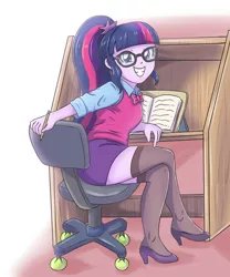 Size: 3248x3896 | Tagged: safe, artist:sumin6301, derpibooru import, sci-twi, twilight sparkle, equestria girls, book, bowtie, chair, clothes, crossed legs, desk, glasses, grin, high heels, leggings, looking at you, looking back, pencil, ponytail, shoes, sitting, skirt, smiling, socks, solo, squee, stockings, tennis ball, thigh highs, zettai ryouiki
