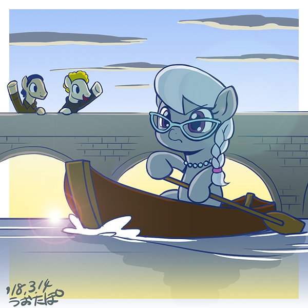 Size: 600x600 | Tagged: safe, artist:uotapo, derpibooru import, silver spoon, ponified, earth pony, pony, art garfunkel, boat, bridge, bridge over troubled water, female, filly, glasses, jewelry, male, necklace, paul simon, rowboat, simon and garfunkel, song reference, stallion, water, waving