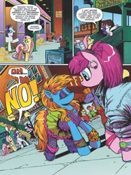 Size: 768x1024 | Tagged: safe, artist:andypriceart, derpibooru import, idw, fluttershy, rarity, earth pony, pegasus, pony, unicorn, spoiler:comic, spoiler:comic64, 80's fashion, 80s, 80s hair, bangles, big hair, boots, clothes, comic, denim jacket, ear piercing, earring, fashion crisis, female, fishnets, jewelry, leopard print, manehattan, mare, official comic, piercing, preview, shoes, skirt, speech bubble, train station, watch, wristband, wristwatch