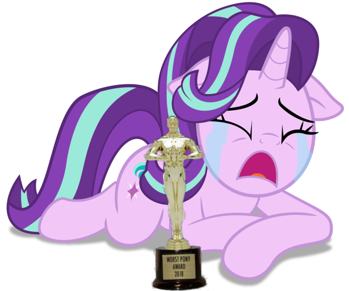 Size: 2000x1664 | Tagged: safe, derpibooru import, edit, starlight glimmer, pony, unicorn, a royal problem, 2018, award, awards, crying, d:, downvote bait, drama, eyes closed, floppy ears, frown, open mouth, oscar, prone, sad, sadlight glimmer, simple background, solo, starlight drama, transparent background, woobie, worst pony