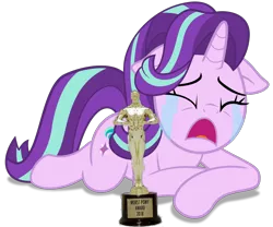 Size: 2000x1664 | Tagged: safe, derpibooru import, edit, starlight glimmer, pony, unicorn, a royal problem, 2018, award, awards, crying, d:, downvote bait, drama, eyes closed, floppy ears, frown, open mouth, oscar, prone, sad, sadlight glimmer, simple background, solo, starlight drama, transparent background, woobie, worst pony